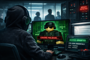 A hacker sitting at a desk hacking a roblox game