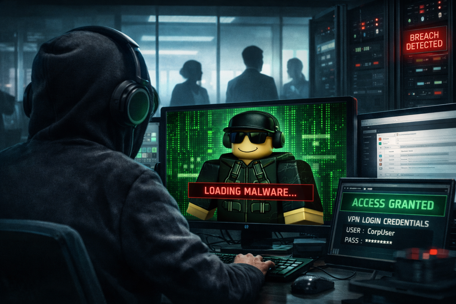 A hacker sitting at a desk hacking a roblox game